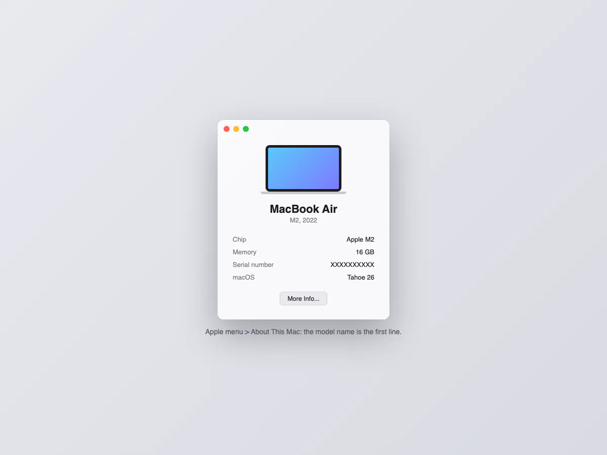About This Mac window showing the MacBook Air model name and chip