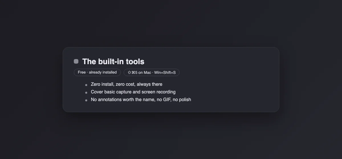 Spec card for the built-in capture tools: free, already installed, basic