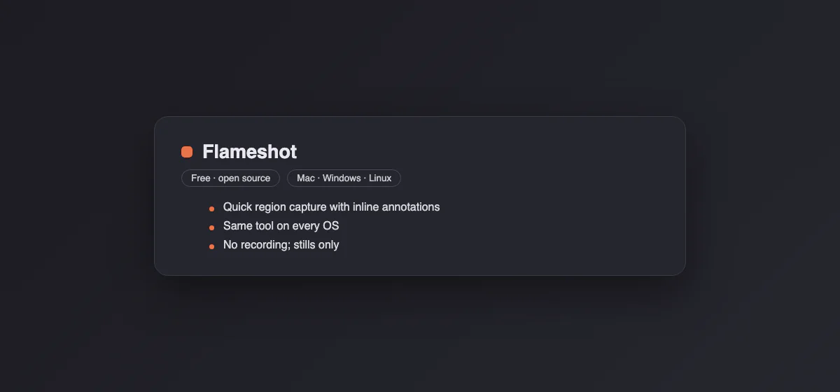 Spec card for Flameshot: free, open source, cross-platform, quick annotations