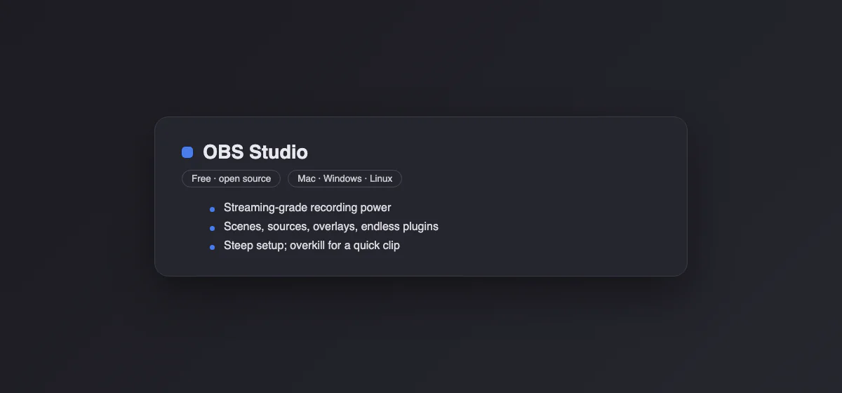 Spec card for OBS Studio: free, open source, cross-platform, streaming-grade