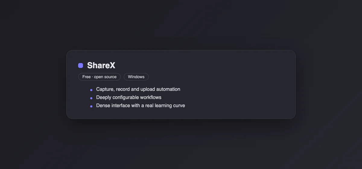 Spec card for ShareX: free, open source, Windows, deeply configurable
