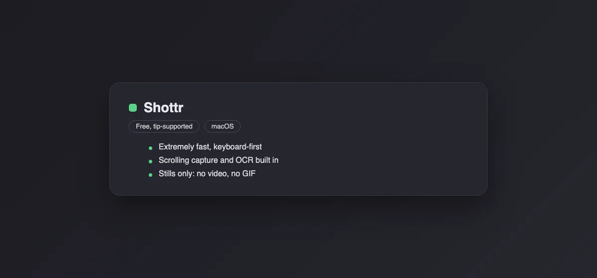 Spec card for Shottr: free tip-supported Mac tool with scrolling capture and OCR