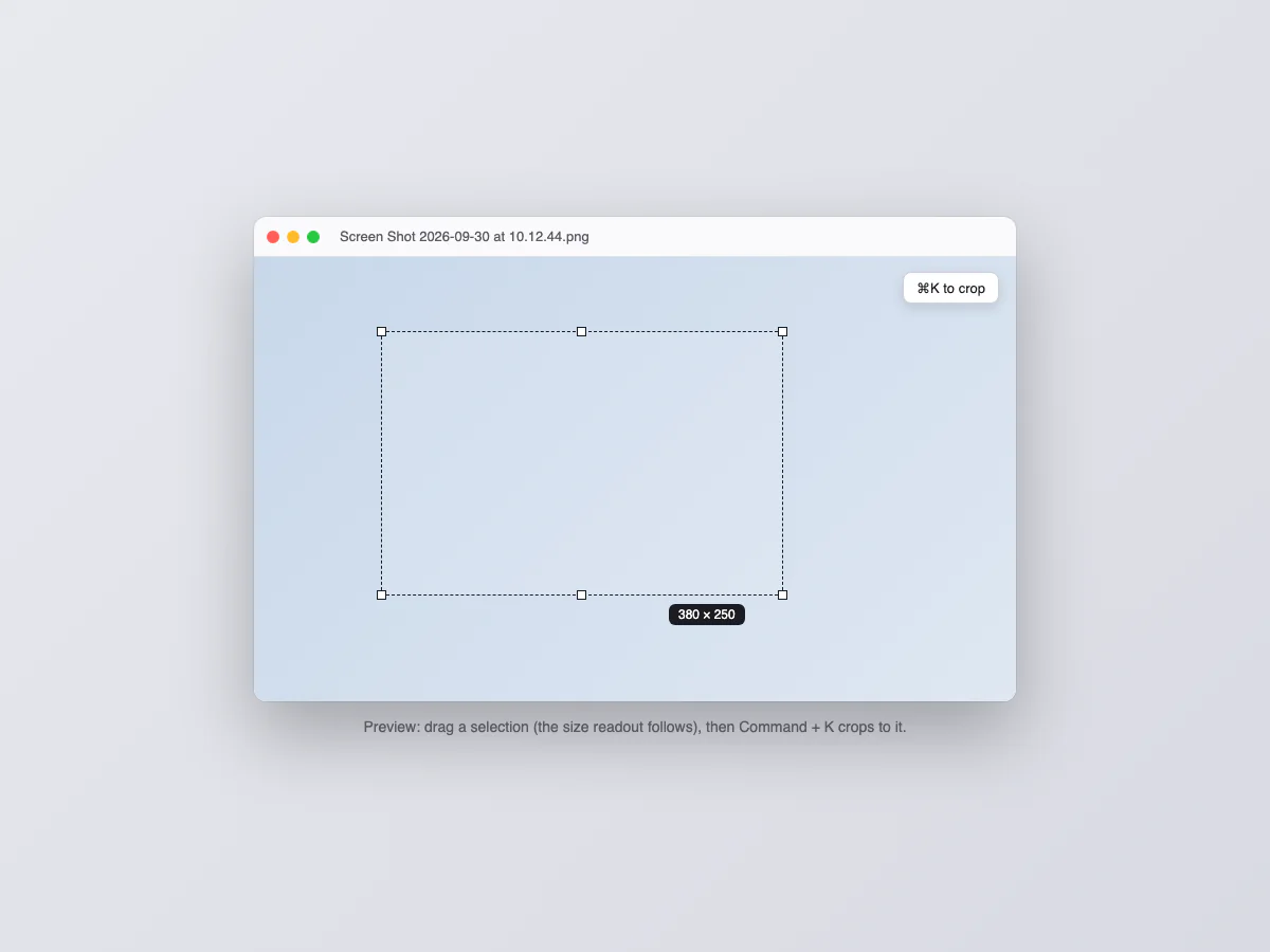 Preview window with a selection rectangle, its pixel size readout and the Command K crop shortcut
