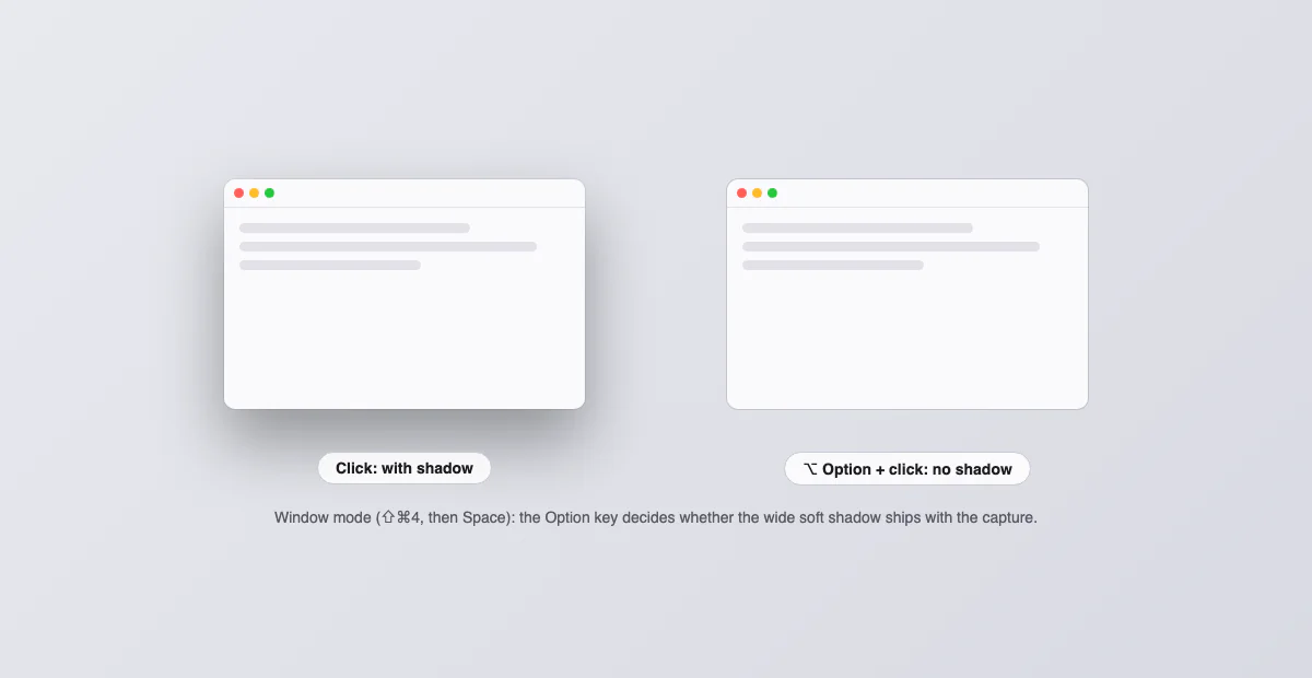 Two window captures side by side: with shadow after a normal click, without shadow after Option click