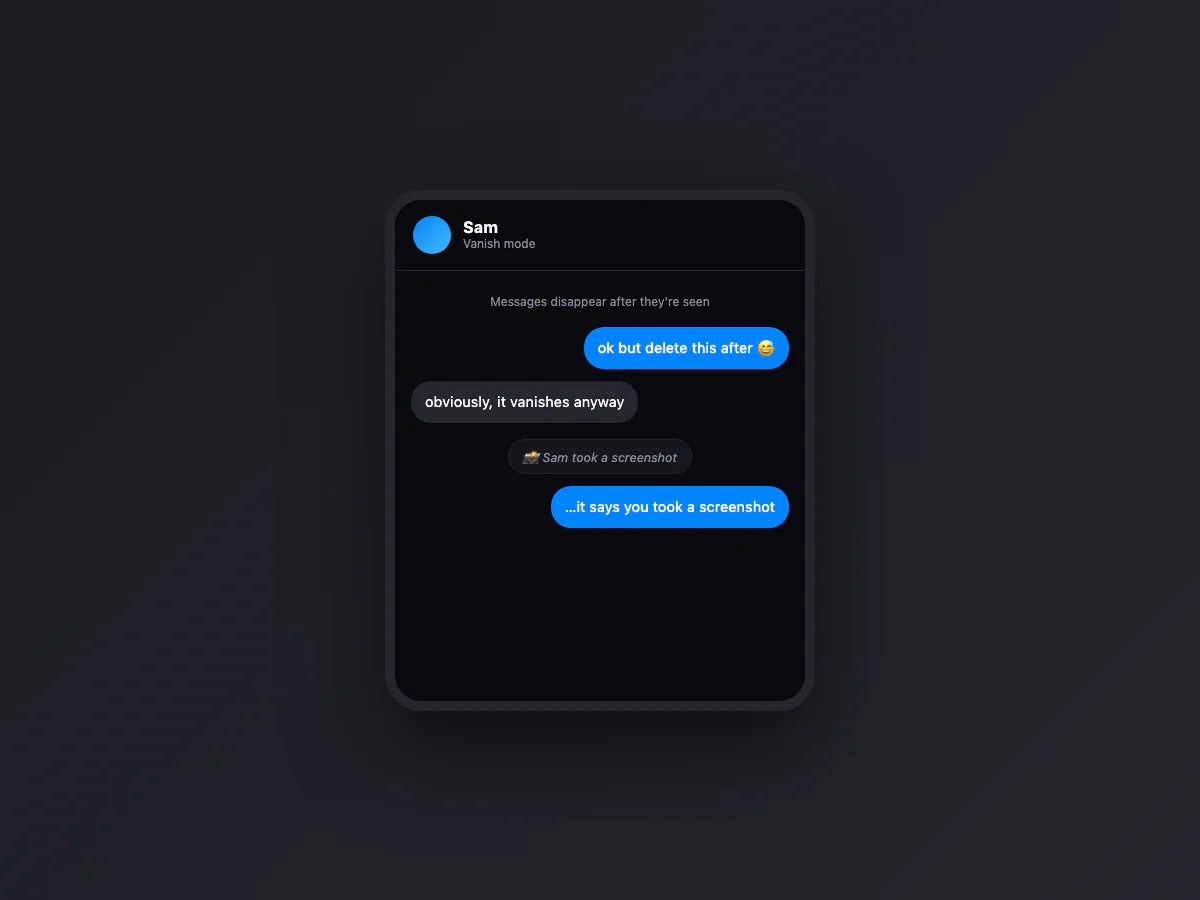 Messenger-style vanish mode chat mockup showing the screenshot notice both people can see
