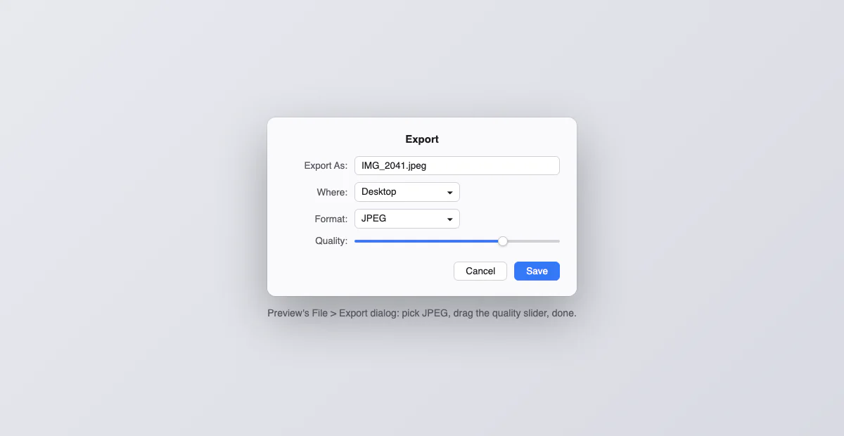 Preview export dialog with JPEG format and quality slider