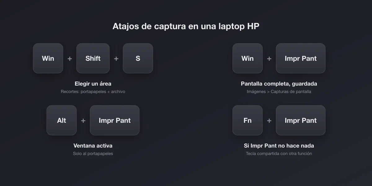 Cuatro atajos de captura en una laptop HP: Win Shift S para un área, Win Impr Pant para guardar la pantalla completa, Alt Impr Pant para la ventana activa, Fn Impr Pant cuando la tecla es compartida