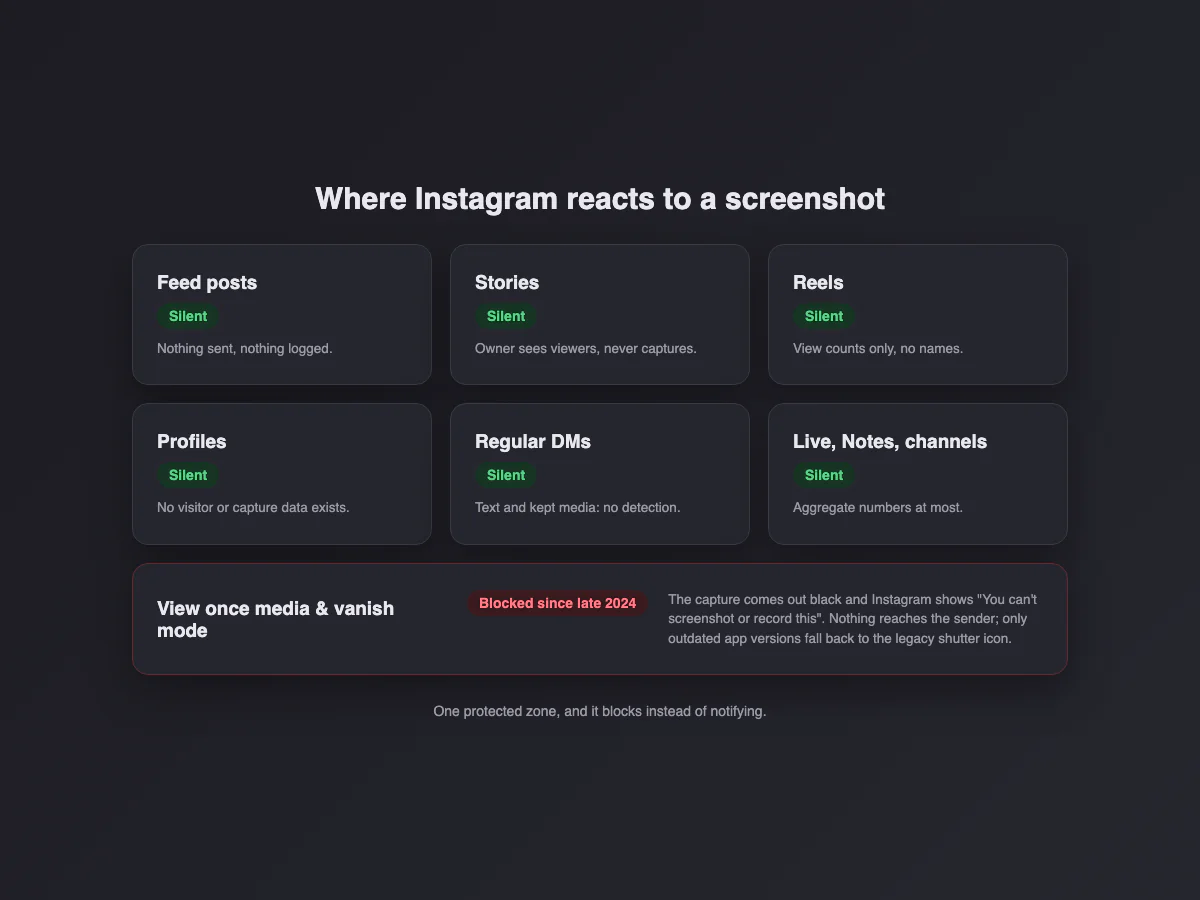 Map of Instagram surfaces: everything is silent except disappearing DM media, where the capture is blocked