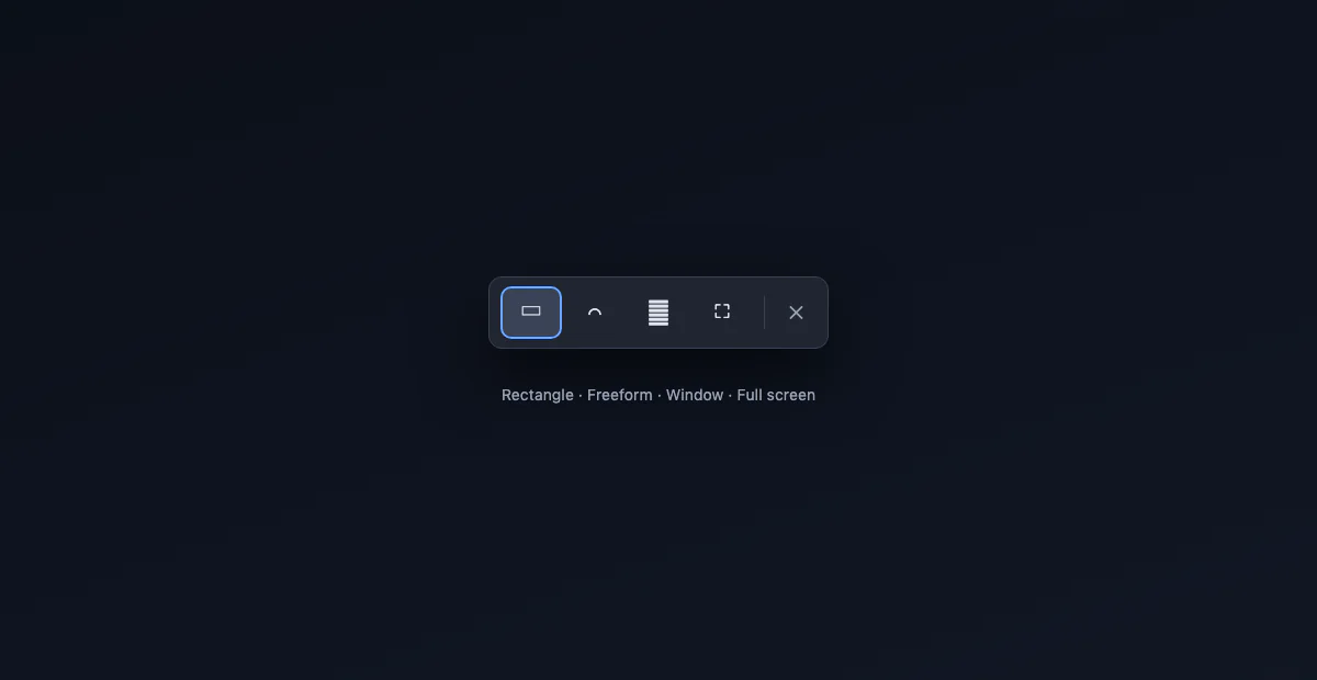 The Windows snipping overlay toolbar with rectangle, freeform, window and full screen modes