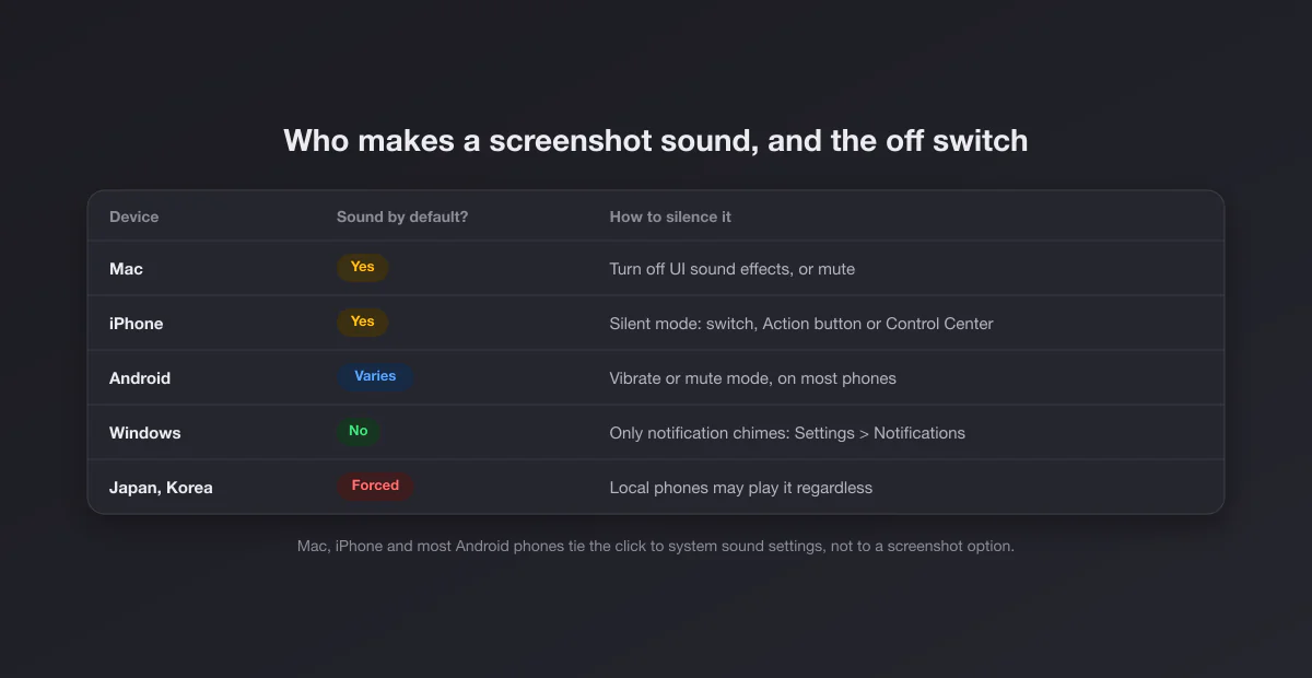 Table of which devices play a screenshot sound and how to silence it on Mac, iPhone, Android and Windows