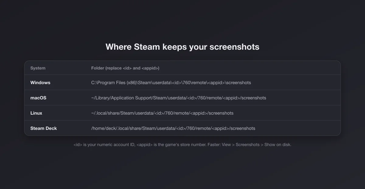 Table of the Steam screenshot folder path on Windows, macOS, Linux and Steam Deck