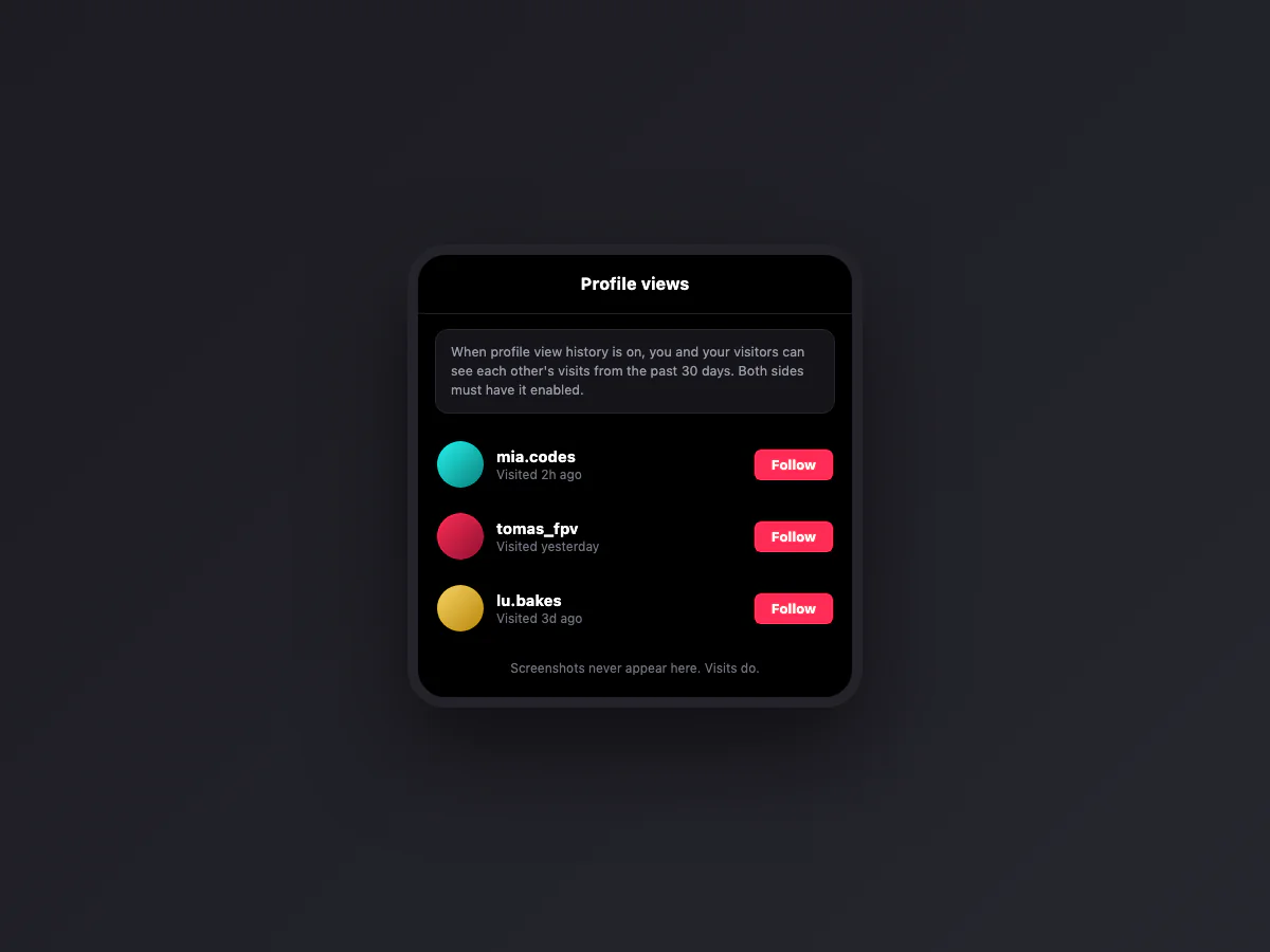 TikTok-style profile views panel listing visitors from the past 30 days