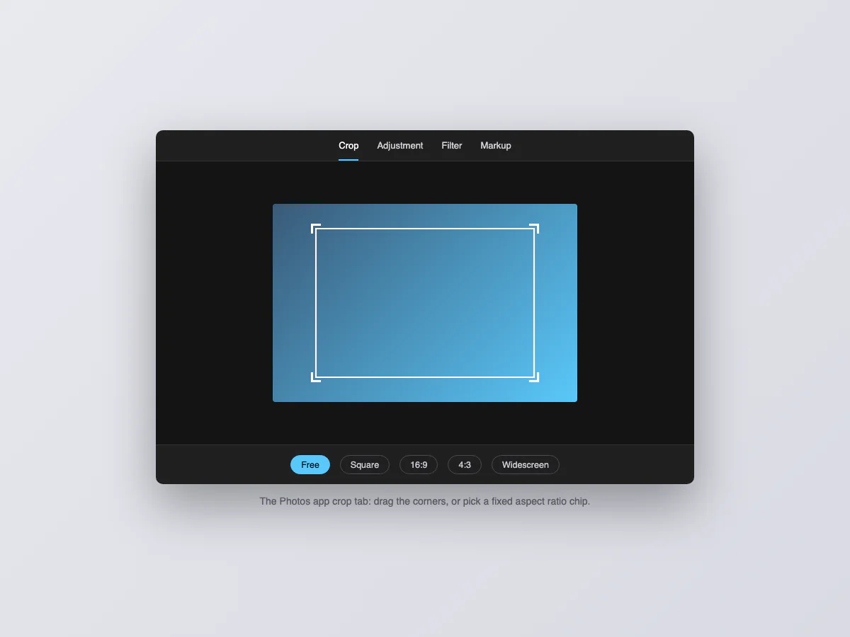 Windows Photos app crop tab with corner handles and aspect ratio chips
