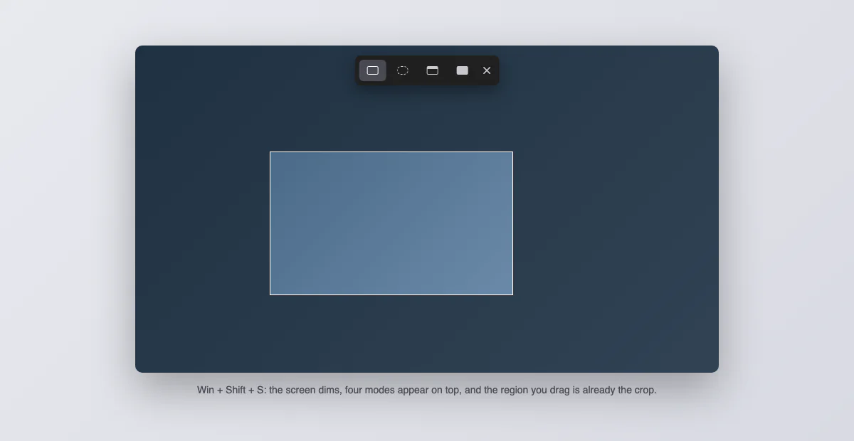 Win Shift S overlay with the four snip modes and a dragged selection